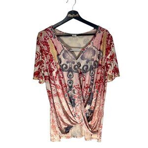 OneWorld Womens Red/White Paisley Print V-Neck Top 1X